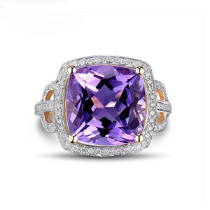 Amethyst Cushion Ring 12x12mm in 14Kt Gold with Diamonds