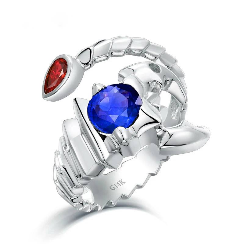 Real 14Kt White Gold Scorpion Ring with Blue Sapphire and Red Ruby