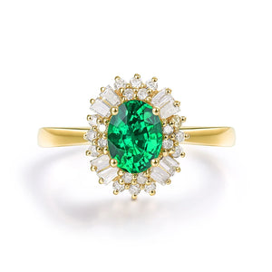 Natural Diamond 14K Yellow Gold Oval Emerald Ring 0.8ct Luxury Jewelry for Girls