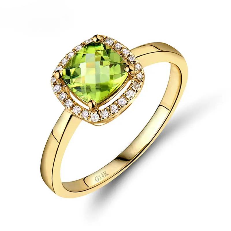 Real 14kt Yellow Gold Cushion Peridot Engagement Ring with Natural Diamonds 6x6mm