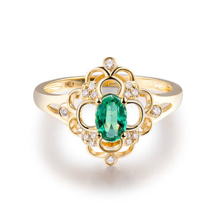 Flower Diamond Emerald Ring 14K Yellow Gold Classic Jewelry for Women