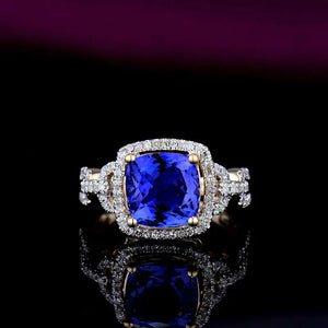 Vintage 14Kt Yellow Gold Cushion Cut Tanzanite & Diamond Wedding Ring