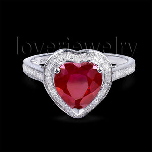 Genuine 8x8mm Heart Ruby Ring 14K White Gold Diamond