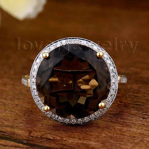 18K Yellow Gold Smoky Topaz & Diamond Ring – Elegant Fashion Jewelry for Women