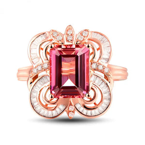 18kt Rose Gold Emerald-Cut Pink Tourmaline Diamond Ring for Women