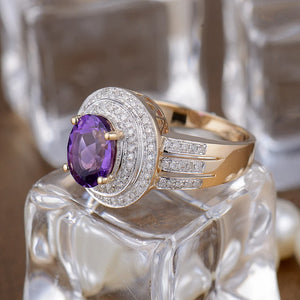 14K Yellow Gold Oval Amethyst & Diamond Ring – Gift for Anniversary