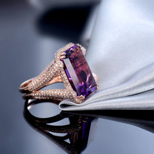 Elegant Emerald Cut Amethyst Ring 14Kt Rose Gold with Diamonds