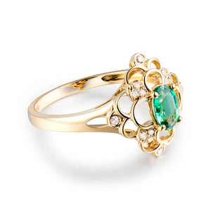 Flower Diamond Emerald Ring 14K Yellow Gold Classic Jewelry for Women