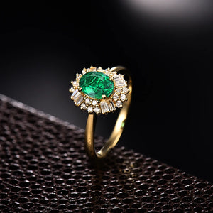 Natural Diamond 14K Yellow Gold Oval Emerald Ring 0.8ct Luxury Jewelry for Girls