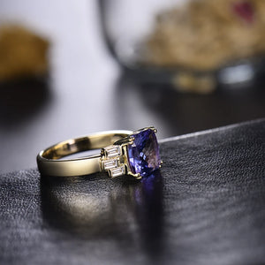 14K Yellow Gold Tanzanite & Diamond Cushion Ring – 8x8mm Engagement Jewelry for Women