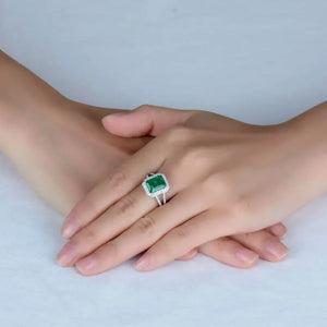 18Kt White Gold Emerald Cut Diamond Emerald Ring 8x10mm Green Gemstone for Women