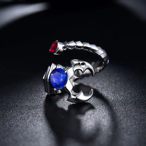 Real 14Kt White Gold Scorpion Ring with Blue Sapphire and Red Ruby