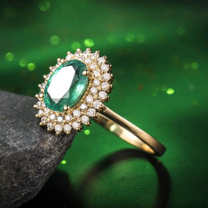 18KT Yellow Gold Emerald & Diamond Anniversary Ring for Women