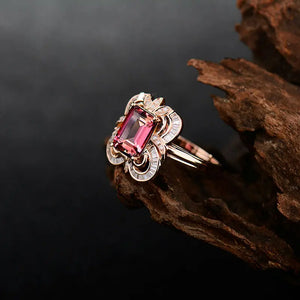 18kt Rose Gold Emerald-Cut Pink Tourmaline Diamond Ring for Women