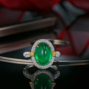 Graceful Cabochon 4.3ct Natural Emerald 18K Gold Engagement Diamond Ring