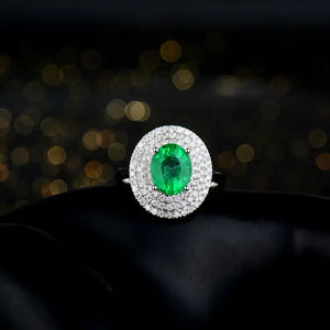 Green Emerald Oval Cut Ring 14K White Gold Diamond Anniversary Jewelry Gift