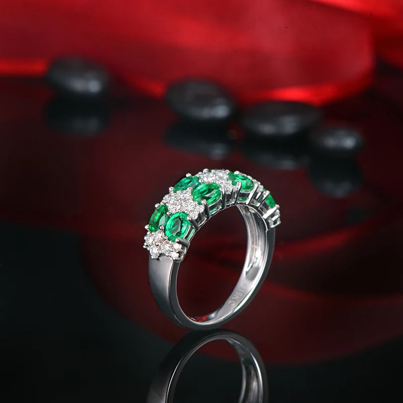 1.42ctw 3X4mm Natural Emerald And 0.63ct Diamond 14K White Gold Engagement Wedding Band