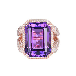 Elegant Emerald Cut Amethyst Ring 14Kt Rose Gold with Diamonds