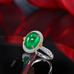 Graceful Cabochon 4.3ct Natural Emerald 18K Gold Engagement Diamond Ring