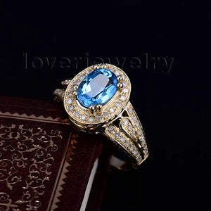 14K Yellow Gold Blue Topaz & Diamond Oval Ring – 6x8mm Engagement Jewelry