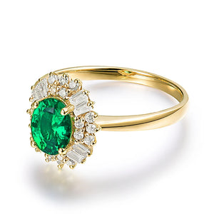 Natural Diamond 14K Yellow Gold Oval Emerald Ring 0.8ct Luxury Jewelry for Girls