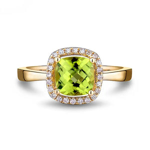 Real 14kt Yellow Gold Cushion Peridot Engagement Ring with Natural Diamonds 6x6mm