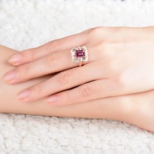 18kt Rose Gold Emerald-Cut Pink Tourmaline Diamond Ring for Women