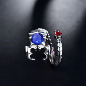 Real 14Kt White Gold Scorpion Ring with Blue Sapphire and Red Ruby