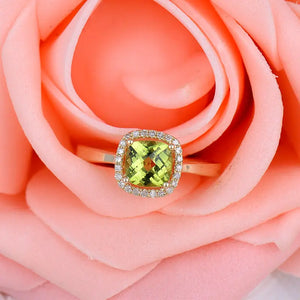 Real 14kt Yellow Gold Cushion Peridot Engagement Ring with Natural Diamonds 6x6mm