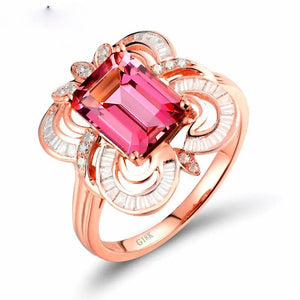 18kt Rose Gold Emerald-Cut Pink Tourmaline Diamond Ring for Women