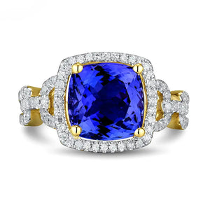 Vintage 14Kt Yellow Gold Cushion Cut Tanzanite & Diamond Wedding Ring