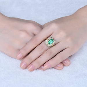 18KT Gold Ring with Green Emerald and Diamonds for Women – Wedding & Engagement Jewelry