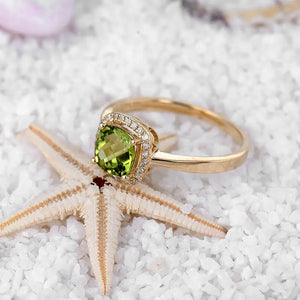 Real 14kt Yellow Gold Cushion Peridot Engagement Ring with Natural Diamonds 6x6mm