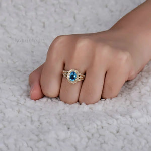 14K Yellow Gold Blue Topaz & Diamond Oval Ring – 6x8mm Engagement Jewelry