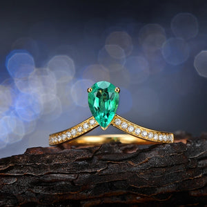 14k Yellow Gold 0.59ct Natural Emerald and 0.11ct Diamond Engagement Ring