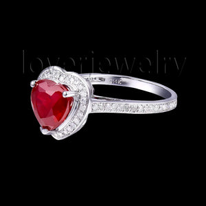 Genuine 8x8mm Heart Ruby Ring 14K White Gold Diamond