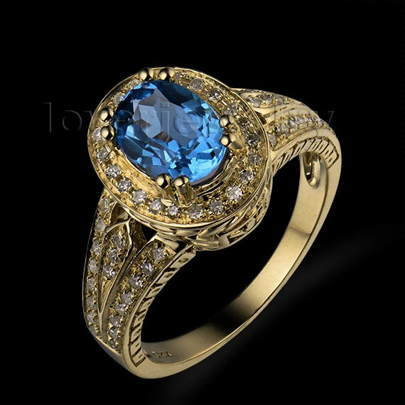 14K Yellow Gold Blue Topaz & Diamond Oval Ring – 6x8mm Engagement Jewelry