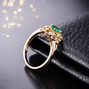 Flower Diamond Emerald Ring 14K Yellow Gold Classic Jewelry for Women