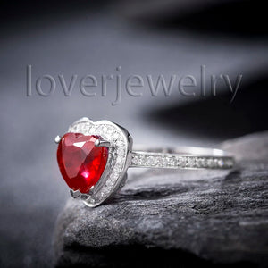 Genuine 8x8mm Heart Ruby Ring 14K White Gold Diamond