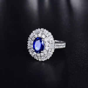 Luxury Sapphire Diamond Ring 18K White Gold Wedding Jewelry