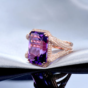 Elegant Emerald Cut Amethyst Ring 14Kt Rose Gold with Diamonds