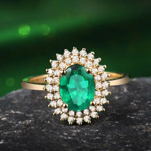 18KT Yellow Gold Emerald & Diamond Anniversary Ring for Women