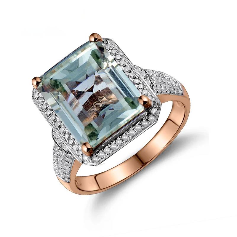 Emerald Cut Green Quartz & Amethyst Diamond Ring in 14K Rose Gold