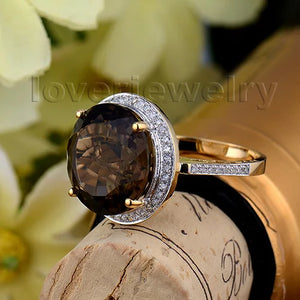 18K Yellow Gold Smoky Topaz & Diamond Ring – Elegant Fashion Jewelry for Women