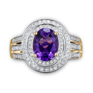 14K Yellow Gold Oval Amethyst & Diamond Ring – Gift for Anniversary