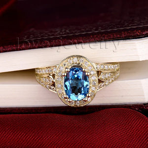 14K Yellow Gold Blue Topaz & Diamond Oval Ring – 6x8mm Engagement Jewelry