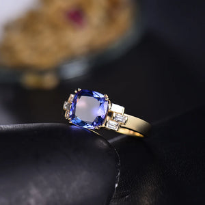 14K Yellow Gold Tanzanite & Diamond Cushion Ring – 8x8mm Engagement Jewelry for Women