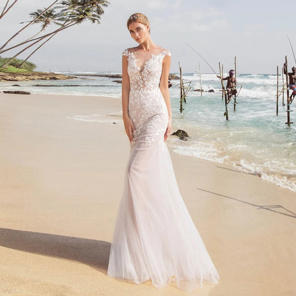 Sexy Beach Wedding Dress Cap Sleeve See Through Back Elegant Bridal Dr -  Elsi John