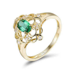 Flower Diamond Emerald Ring 14K Yellow Gold Classic Jewelry for Women