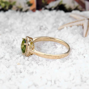 Real 14kt Yellow Gold Cushion Peridot Engagement Ring with Natural Diamonds 6x6mm